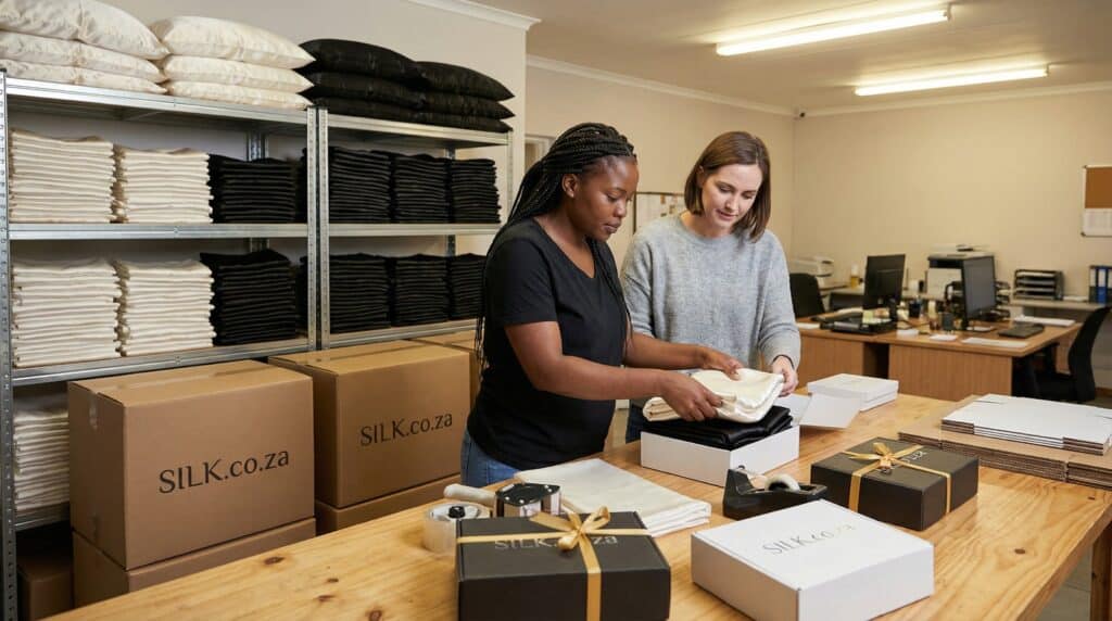 Two women packing silk pillow cases