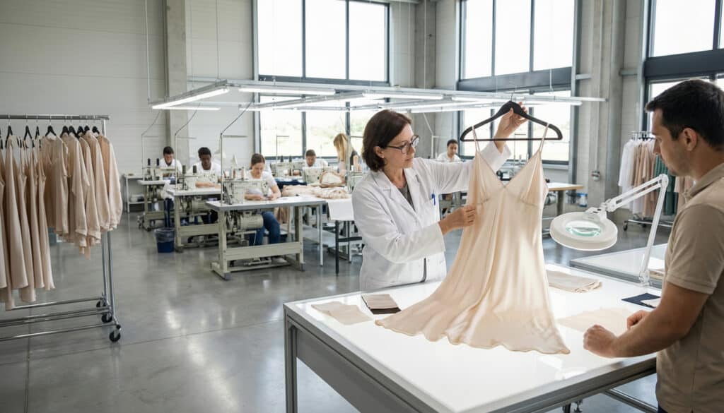 silk garment factory inspecting quality