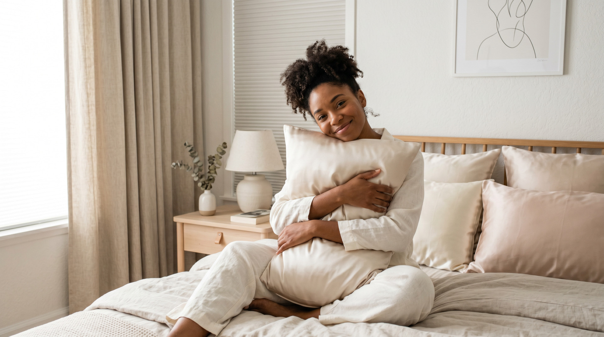 picture of a woman holding a mulberry silk pillow case