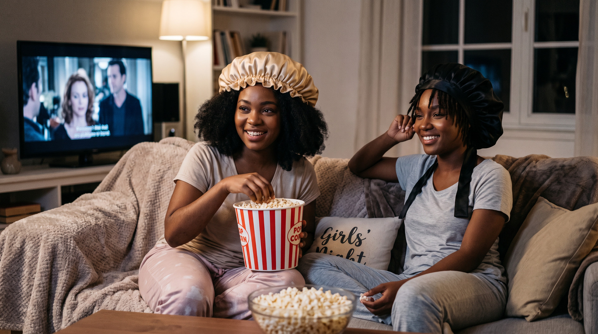 TWO YOUNG WOMEN HAVING A GIRLS NIGHT AND WEARING SILK BONNETS
