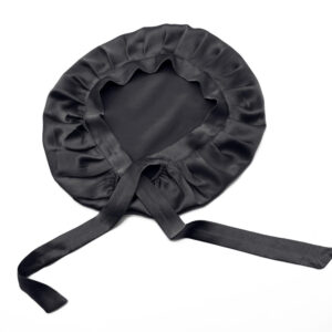 adjustable black silk hair bonnet with ties