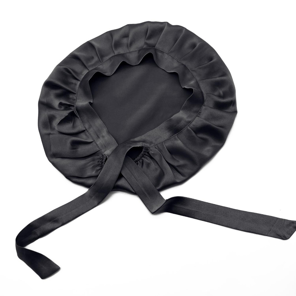 adjustable black silk hair bonnet with ties