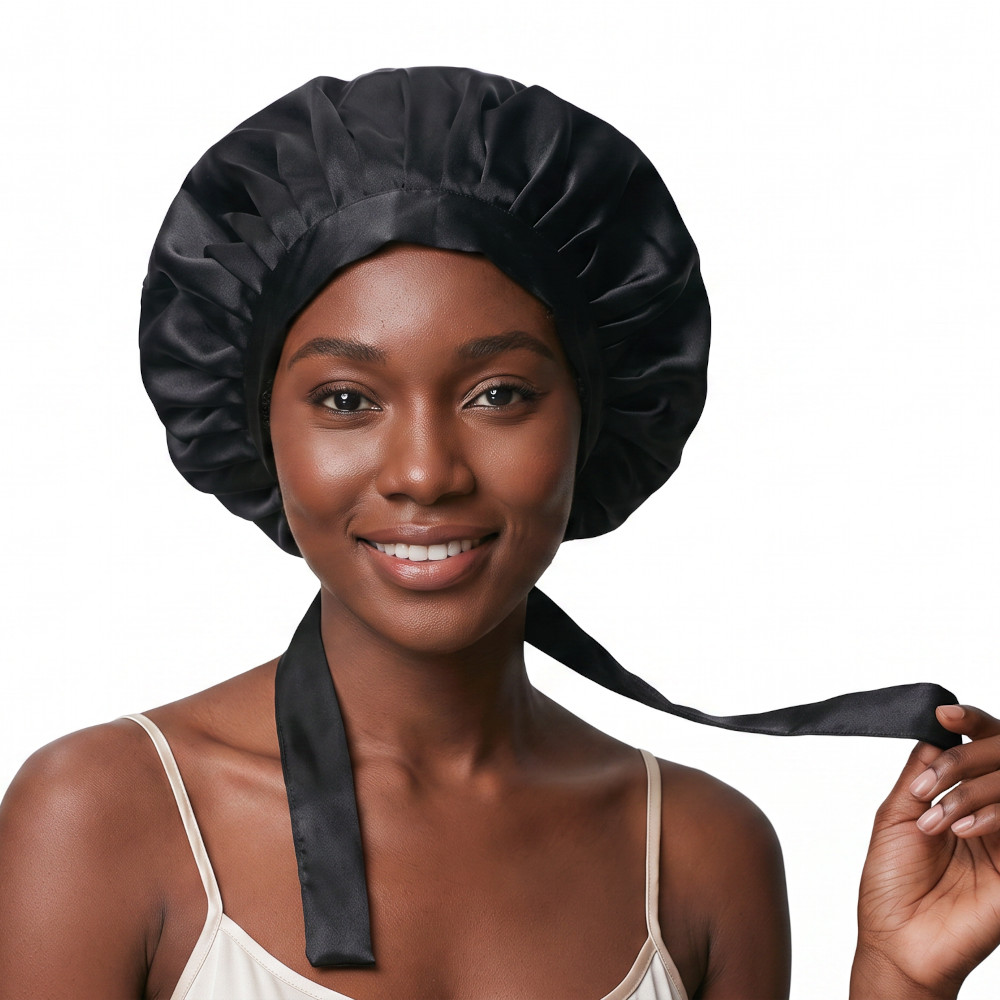 beautiful woman wearing an adjustable silk bonnet in black