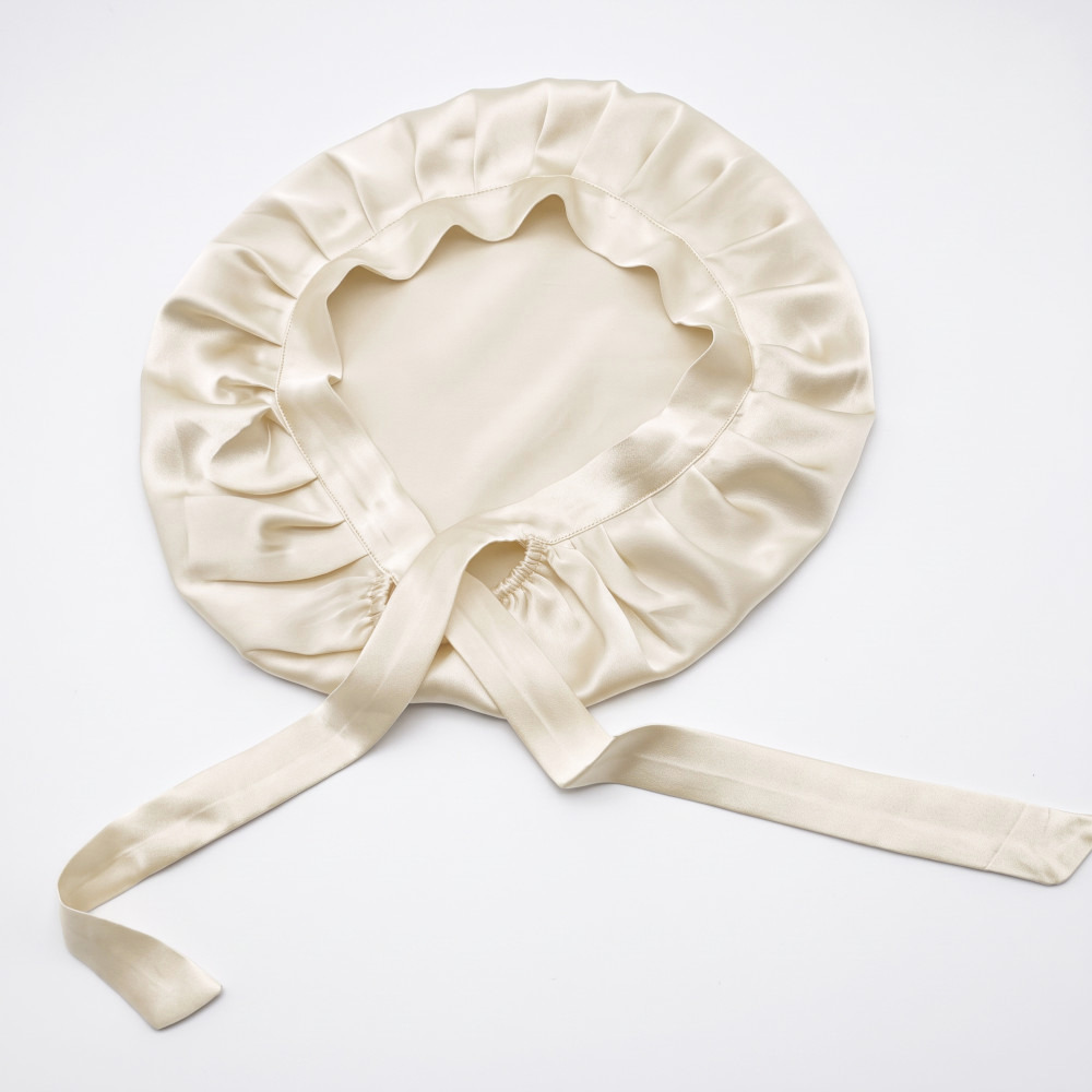 Adjustable Hair Bonnet with Tie - 22 Momme - Mulberry Silk - Pearl White