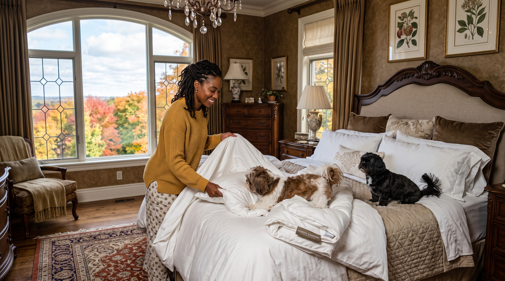 woman in her bedroom changing her silk duvet inner